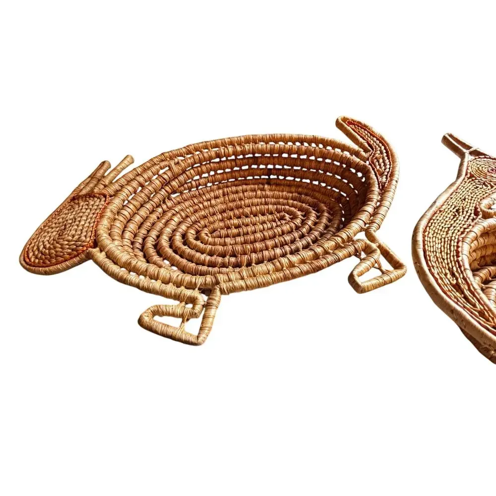Two Gullah style handmade shaped shallow woven baskets Bunny & Turkey theme